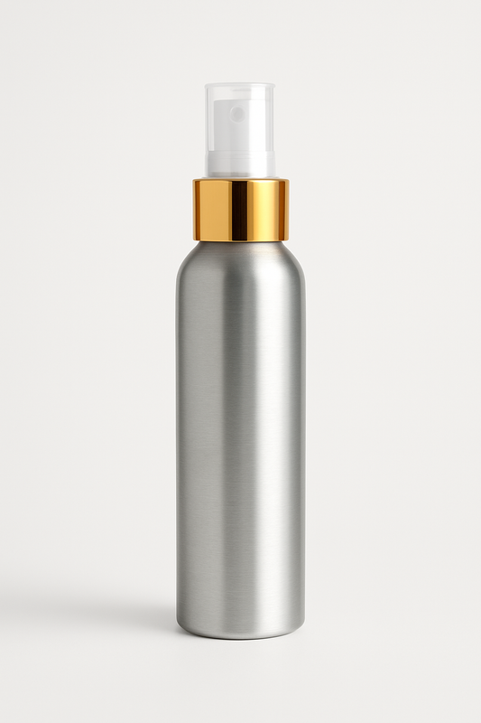 Atomizador aluminio tapa dorada, 125 ml